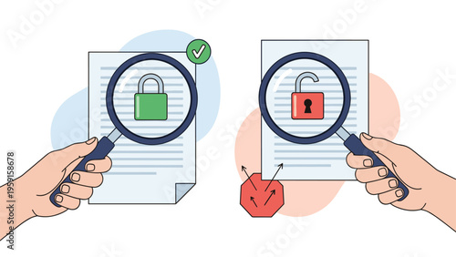Hands using magnifying glasses to inspect locked and unlocked digital documents for data security and privacy protection concepts.
