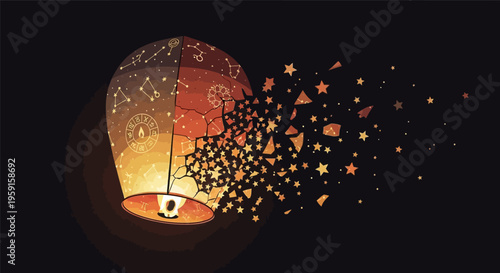 Glowing lantern releasing stars and shapes into the night sky mystical atmosphere warm light symbolic illustration