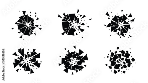 Set of six black shattered glass or explosion effects with sharp fragments for dynamic impact and destruction design elements.