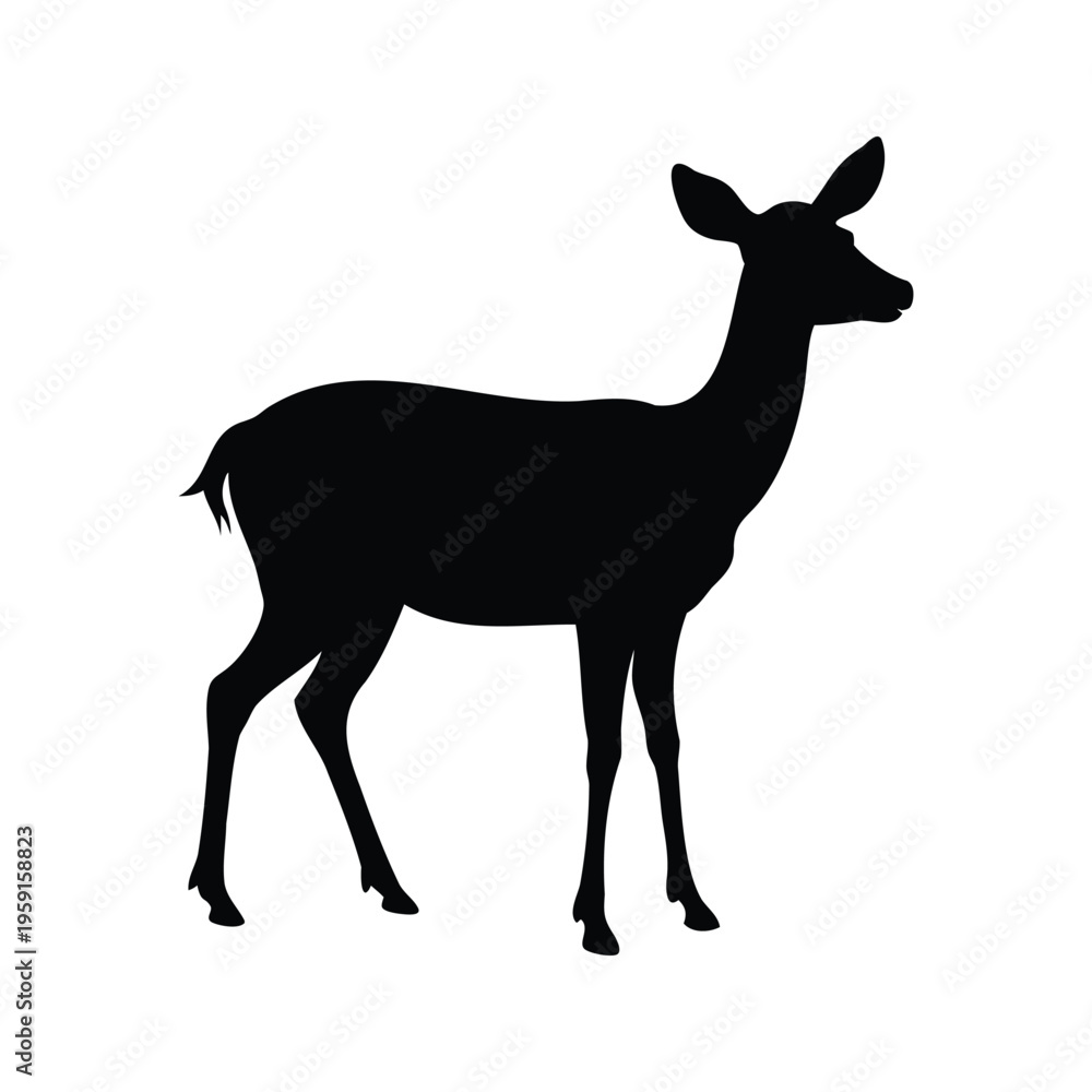Obraz premium Black and white deer standing in nature silhouette vector illustration design, deer looking upward silhouette vector illustration