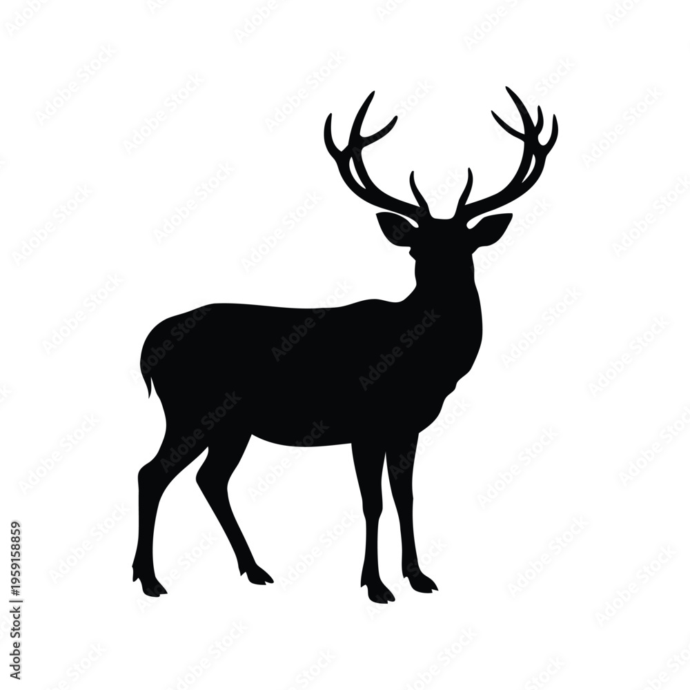 Fototapeta premium Black and white deer with large antlers standing in a field silhouette vector illustration, deer with antlers in profile silhouette vector illustration