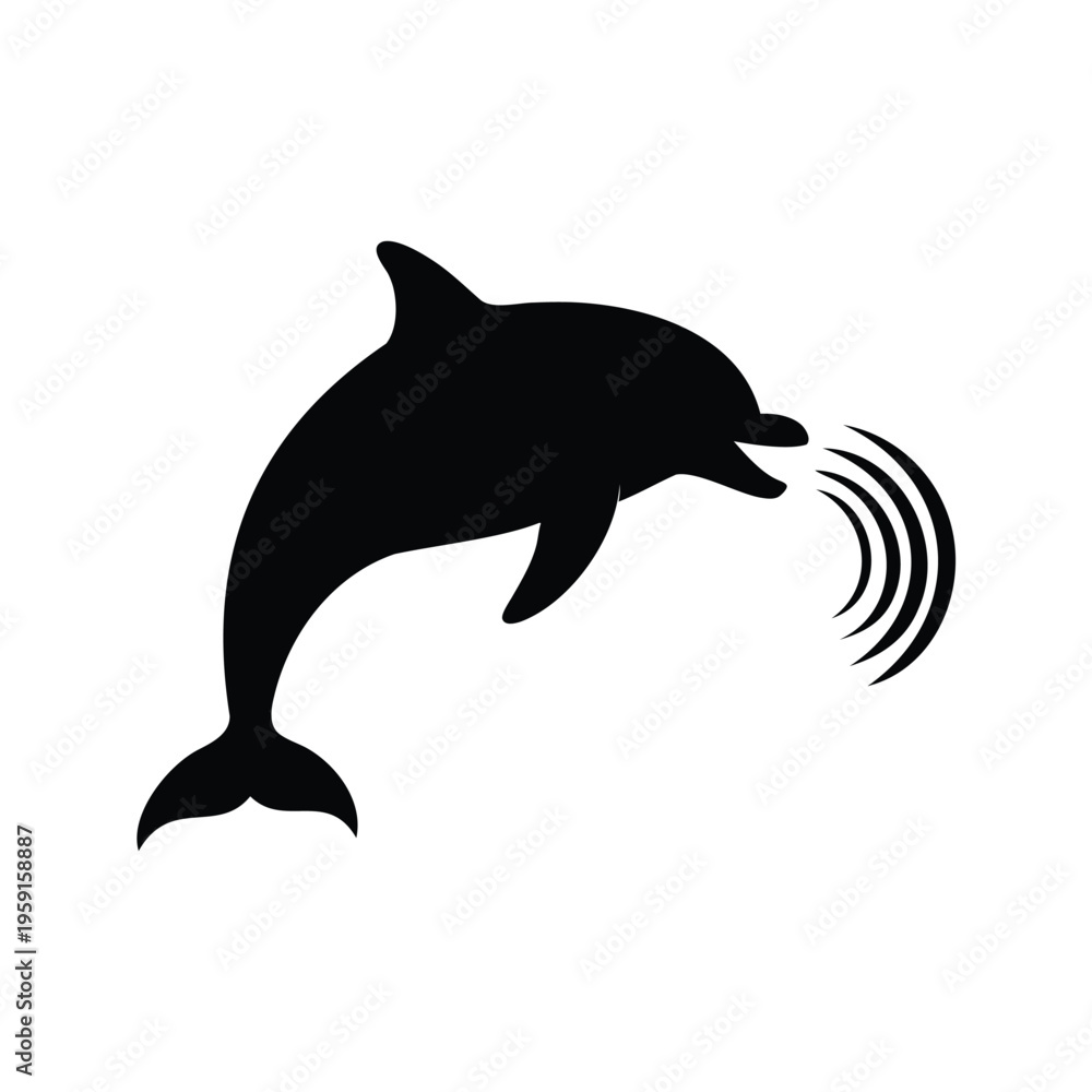 Fototapeta premium Dolphin silhouette vector illustration with sound waves showing communication in ocean, dolphin communicating with sounds silhouette vector illustration