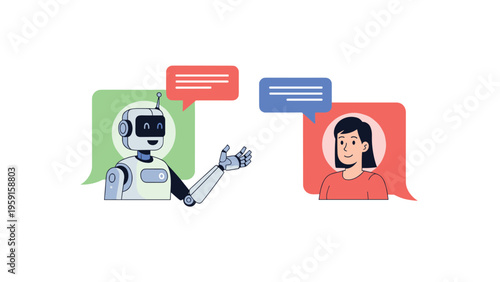 Interaction between a robot chatbot and a woman using speech bubbles, representing artificial intelligence and customer support.