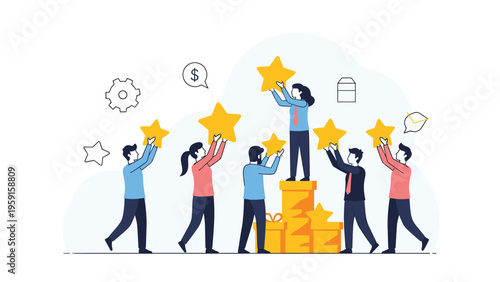 Successful business team placing golden stars on a podium to symbolize collective achievement, high ratings, and excellence.