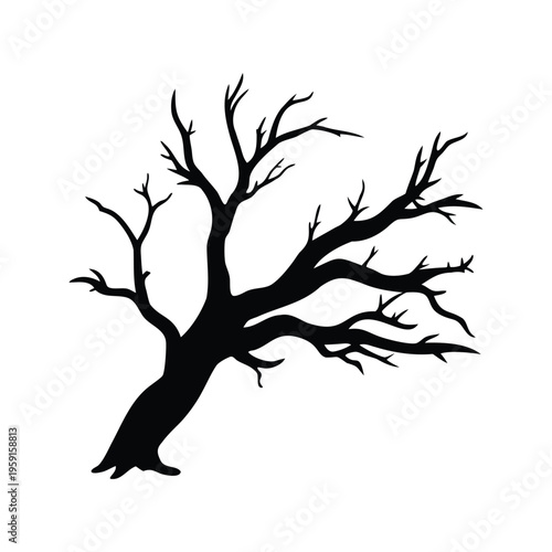 Black and white tree silhouette vector illustration with intricate branches and trunk design, dead willow branch silhouette vector illustration