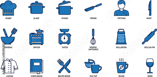 Blue kitchen utensils and with scrambled word labels words