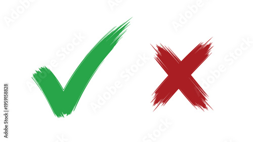 Large green check mark and red cross icons drawn with a rough brush stroke style, symbolizing success, failure, or verification.