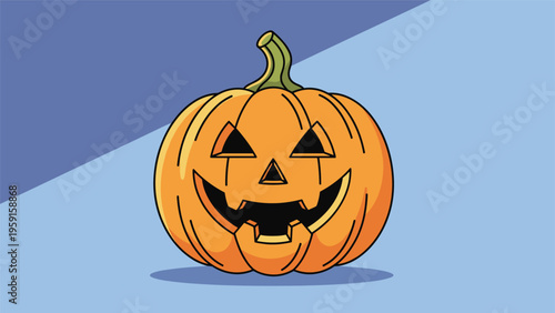 Classic carved Halloween jack-o-lantern pumpkin with a happy face, presented on a minimalist light blue split-tone background.