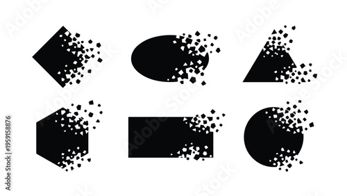 Set of black geometric shapes like a circle and triangle dissolving into small particles, illustrating fragmentation or data loss.