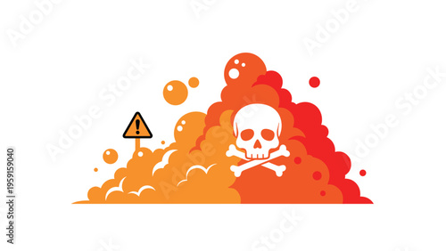 Large pile of orange and red toxic gas clouds with a skull and crossbones symbol and a warning sign, representing chemical hazards.