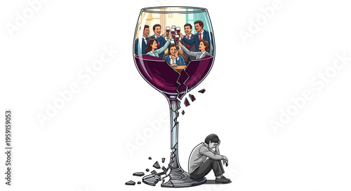 Man sits alone with wine glass filled with stressed business people conveying isolation and overwork
