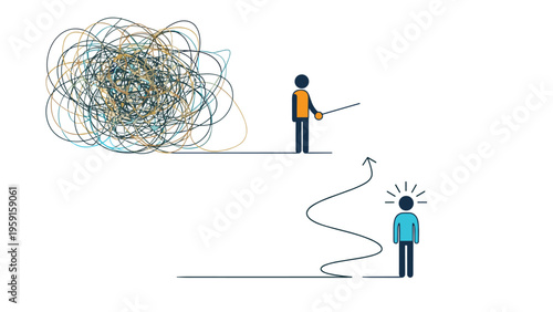 Conceptual illustration showing two people with different mental states representing confusion and a clear problem solving path.