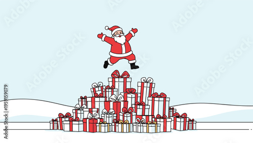 Santa Claus character jumping joyfully over a large pile of colorful christmas gift boxes in a snowy winter landscape.