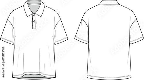 Technical flat sketch of a men's oversized short sleeve polo shirt with dropped shoulders and button placket front back view