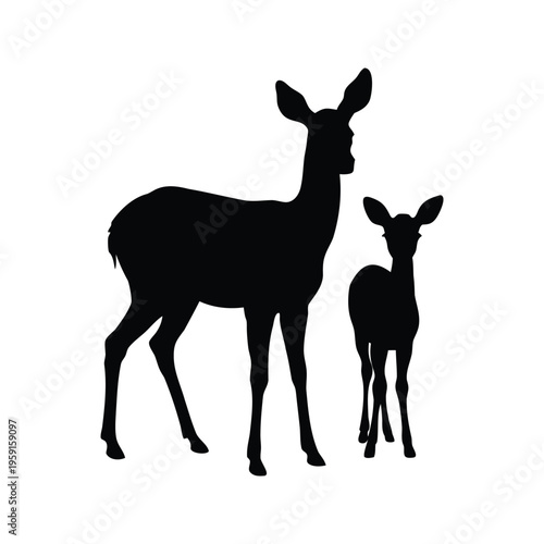 Mother deer with her fawn standing together in a field silhouette vector illustration, fawn standing beside doe silhouette vector illustration