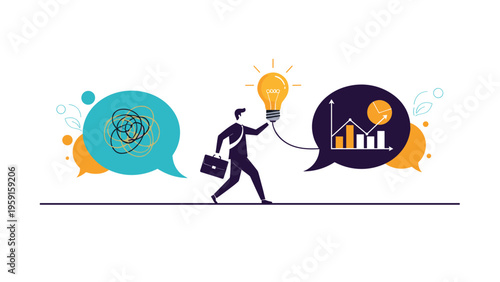 Businessman walking from a speech bubble of confusion towards an idea lightbulb and a data chart speech bubble.