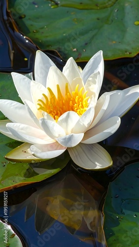 A serene white flower on a pond with green lily pads (1)