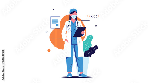 Professional female doctor wearing a face mask and medical uniform holding a clipboard against an abstract background.