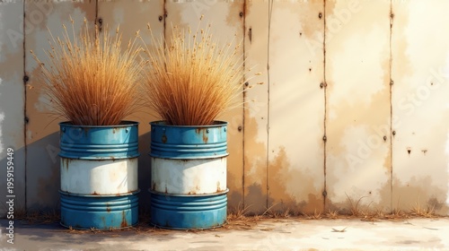 Two rustic blue barrels with dried grass against a weathered wall, creating a charming outdoor decor scene.