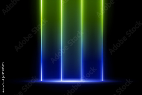 Two color vertical light beams composition. Four glowing columns with violet upper glow, warm base line, smooth gradients, dark backdrop, vibrant neon illumination atmosphere.