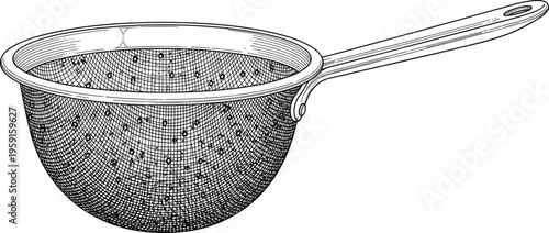 Vintage black and white hand drawn vector illustration of a kitchen mesh strainer colander isolated on white background for culinary graphic design