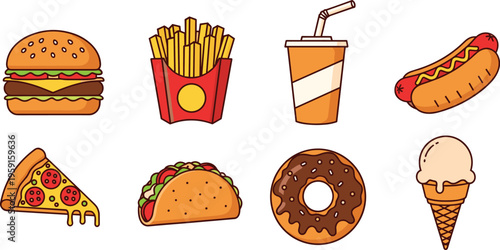 Colorful cartoon of various fast food including burger fries drink hot dog pizza taco donut and ice cream