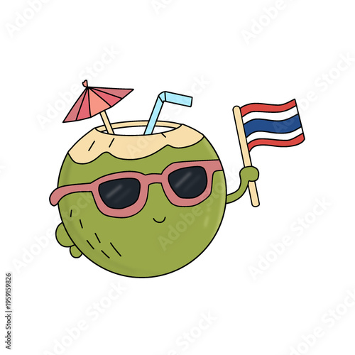 Cute Coconut Cartoon Character with Sunglasses Holding Thailand Flag Summer Vacation Illustration