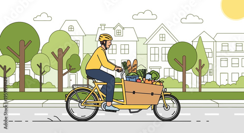 Eco-friendly delivery by cargo bike with fresh groceries in a suburban neighborhood