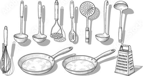 Vintage Hand Drawn Kitchenware Set Featuring Frying Pans Whisk Ladle Potato Masher Grater and Slotted Spoons in Sketch Style for Culinary Design Projects