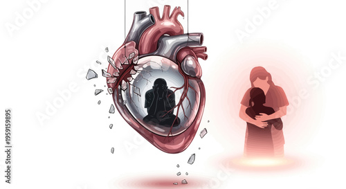 Woman embracing person with broken heart containing meditating silhouette symbolic illustration of emotional connection