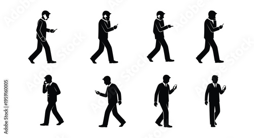People walking while using smartphones depicted as simple black silhouettes