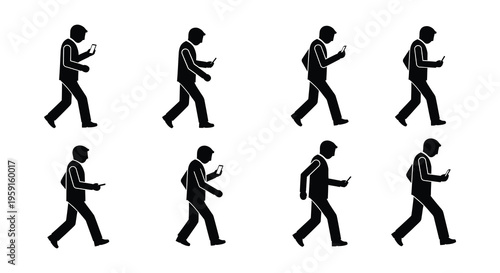 People walking while using smartphones depicted as simple black silhouettes