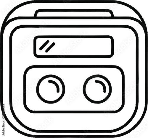 Audio cassette player vector outline drawing isolated on a transparent background, vintage sound technology
