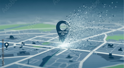 Digital map with location pin exploding revealing address details aerial city view with roads and buildings