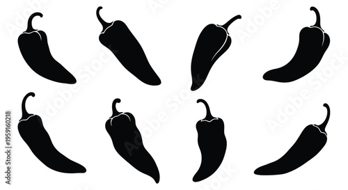Silhouettes of various chili peppers against a white background