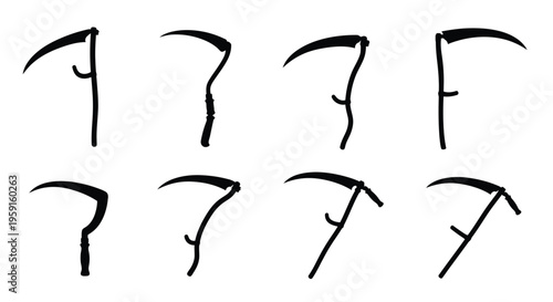 A collection of black silhouette scythes arranged in a grid pattern