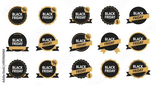 Black Friday Sale Promotions, Discount Badges, Retail Marketing, Graphic Design, Festive Atmosphere