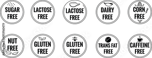 Ten circular labels with free food-related terms and in black and white food labels
