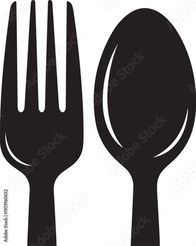 Black fork and spoon icons, cutlery silhouettes, dining utensils, flatware graphics
