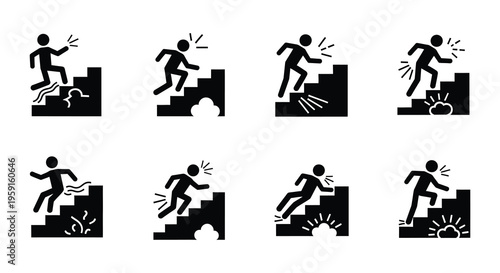 People running up and down stairs in a simple black pictogram style