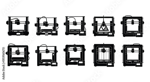 A collection of various 3D printer designs on a white background