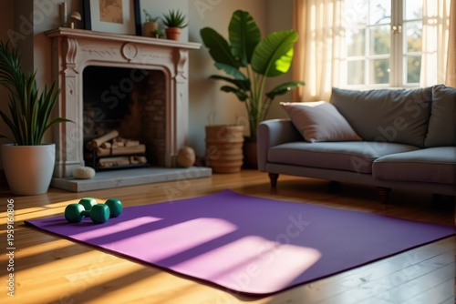 A cozy home gym featuring a purple exercise mat and dumbbells in a sunlit living room.