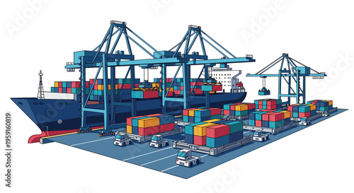 A large cargo ship, laden with colorful containers, is docked at a bustling port with multiple blue gantry cranes loading and unloading.