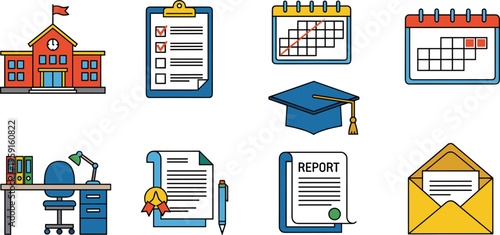 Education and Office Management Icon Set with School Building Calendar Report Documents Graduation Cap and Workspace Flat Vector Illustration Collection