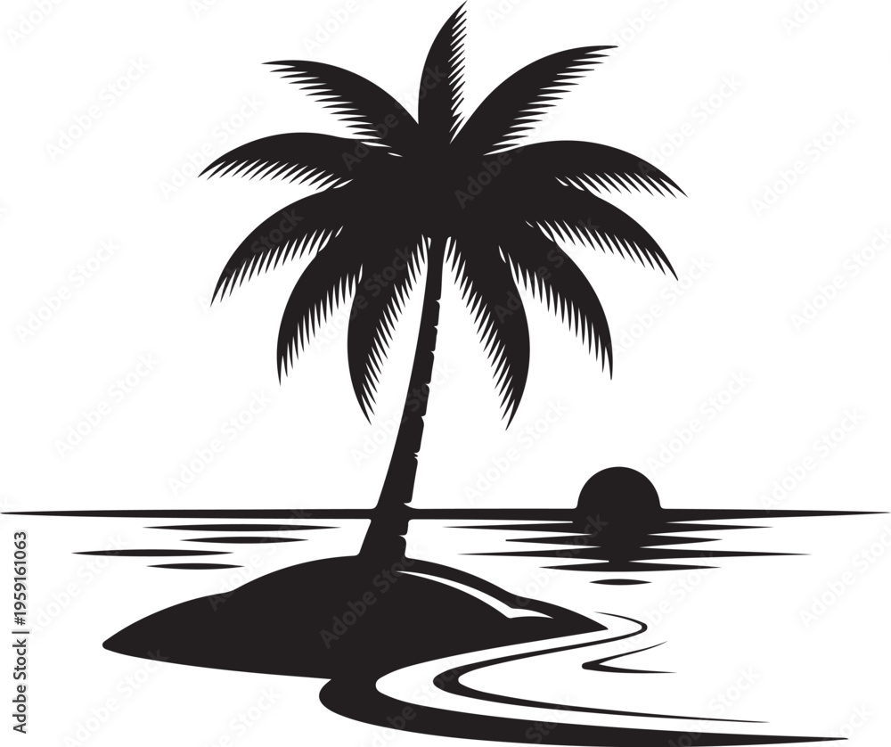 Fototapeta premium Tropical palm tree, island landscape, black silhouette, vector illustration, beach scene