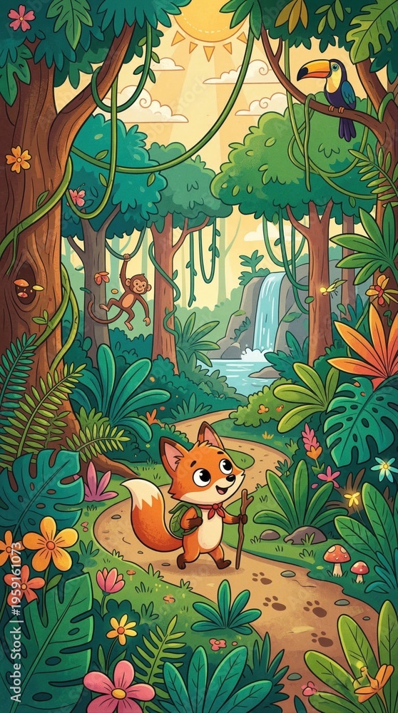 Obraz premium Vertical illustration of a cute cartoon fox hiking in a lush jungle. Happy animal character walking