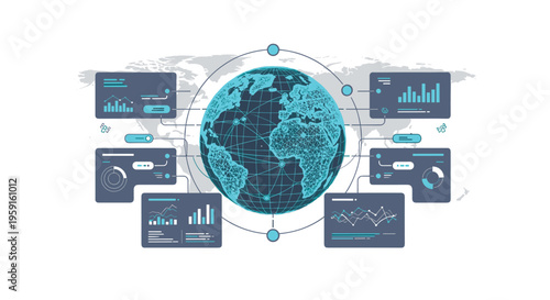 A luminous blue digital globe with interconnected lines is centrally surrounded by multiple dark grey data dashboards displaying various charts against a faint world map background.