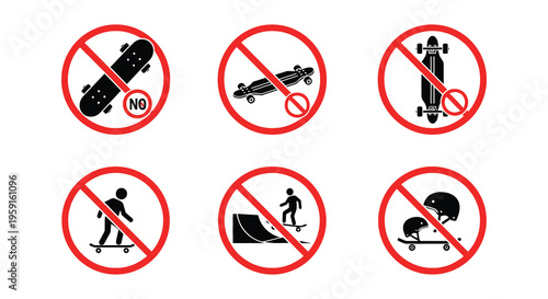 No skateboarding allowed prohibition signs against various boarding activities