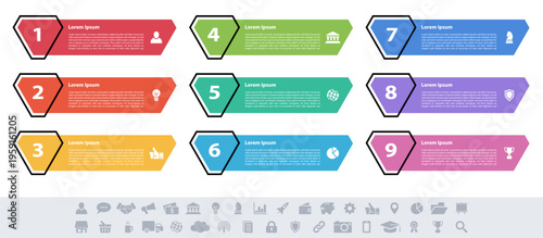 Infographic design business concept vector illustration with 9 steps or options or processes represent work flow or diagram or web button banner