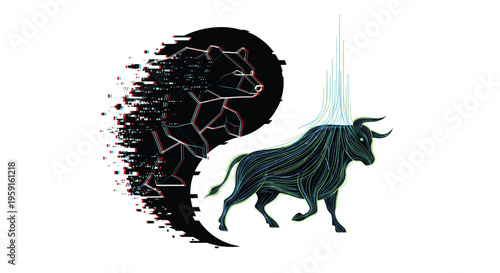 A glitch-effect black bear forms a yin-yang shape with a glowing green and blue bull, both dynamically positioned on a clean white background.